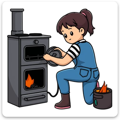 Metal cylindrical coal stove with a girl cleaning it while kneeling, seen from behind, wearing jeans and a striped shirt sticker