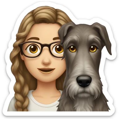 Brown wavy hair girl with glasses and an Irish wolfhound dog sticker