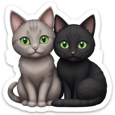 1 regal looking grey cat with pastal green eyes and 1 black with green eyes cat cuddling sticker