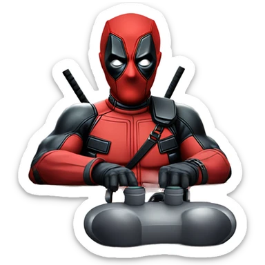 Deadpool holding xbox controller sitting at a desk, front view sticker