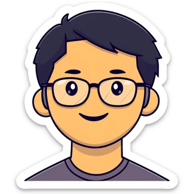 Asian man with short black hair, glasses, friendly smile, Josh Lim character sticker