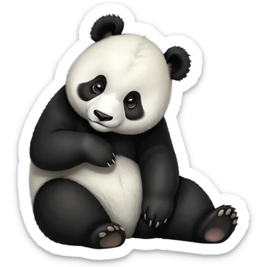 cinematic-[panda bear]-realistic-full-body-sitting-emoji,-tail-tucked-close,-head-tilted-dramatically,-thick-[black and white]-fur,-simplified-yet-realistic-focused-features,-highly-detailed,-glowing-with-an-almost-sarcastic-glow sticker