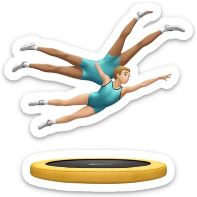 An athletic person soaring high above a trampoline, executing an acrobatic flip with perfect form. The scene captures motion and energy, with a dynamic pose, stretched limbs, and a focused expression. The background suggests a professional trampoline arena with safety padding. sticker