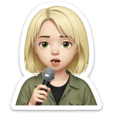 billie eilish is singing, holding mirco sticker