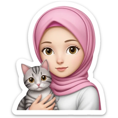 White girl wearing pink hijab with white dress holding a black and grey tabby cat sticker