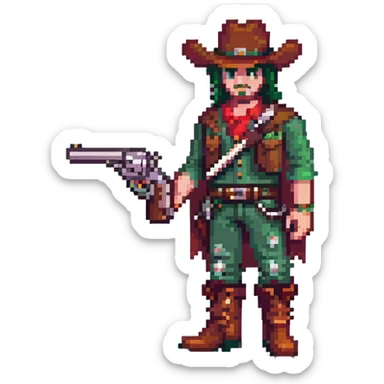 Green-clad cowboy character with revolver gun and boots sticker
