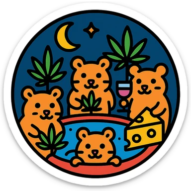 circular centered composition of a hamster cult weed and cheese pool party at night, outlined and graphic, color outline style sticker