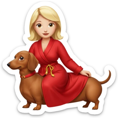 A blonde curvy woman riding on top of a dachshund wearing a red robe sticker