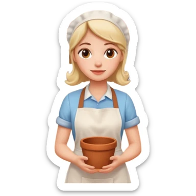 cartoon Apple iOS emoji style woman, pastel colors, Chilean wooden kitchen background, clay pots, warm light, detailed and clean vector art sticker