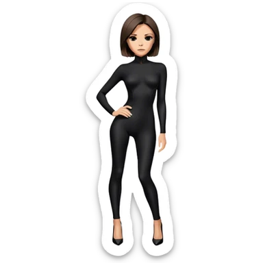 Victoria Beckham with light skin, short dark brown bob, black catsuit wearing black heels sticker