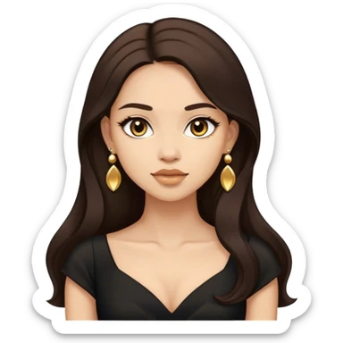 Beautiful woman,cute, long dark brown hair in dark dress with gold earrings sticker