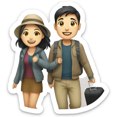 Cute young  Asian couple excitedly traveling  sticker