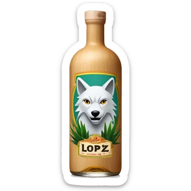 A tequila blanco classic long cylindrical bottle with a wolf on top of the label, "Lopez" on the middle, and agave plants on the bottom. The cap is made of light wood. sticker
