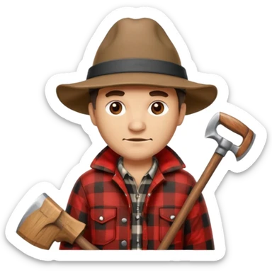 Man wearing buffalo plaid jacket and hat, with an 🪓  sticker