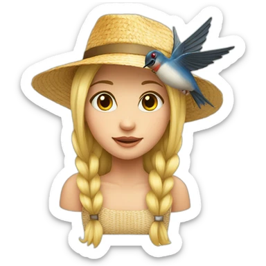 a blonde girl with a swallow with pigtails in straw a hat sticker