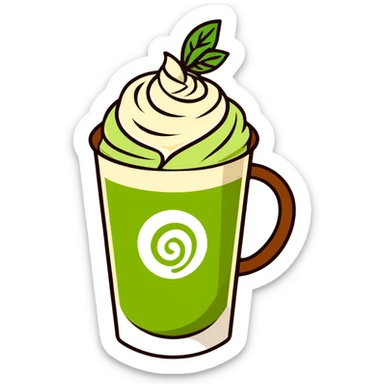 matcha latte in warm olive-brown tones with leaf detail, soft dreamy illustration sticker