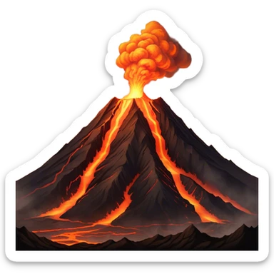 Cinematic Realistic Volcano Emoji, Powerful and awe-inspiring, with molten lava flowing from its jagged, smoking peak, casting an orange glow in the surrounding darkness. The landscape around it is barren and rocky, with clouds of ash rising into the sky. Soft glowing outline, capturing the essence of raw power and fiery energy in a towering volcano. sticker