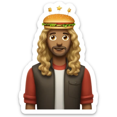 Man with long hair wearing burger kind crown  sticker