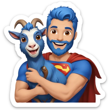 Adult Superman with redish brownish full beard with his arm around a blue hair laughing goat sticker