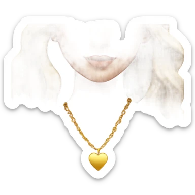 Brunette girl with long hair wavy wearing gold heart necklace white skin sticker