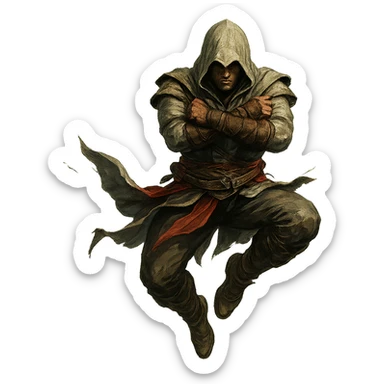 figure leaping with arms crossed, inspired by Assassin's Creed, dynamic action sticker