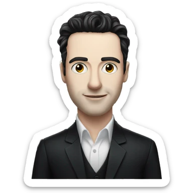 A man with pale skin and black hair playing a black grand piano sticker