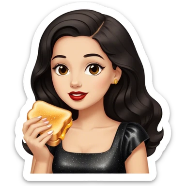 Beautiful woman in 1950’s woman fashion look, black shimmery dress, long dark brown hair, grilled cheese sandwiche sticker