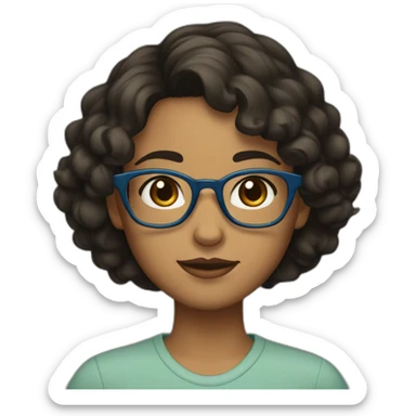 A girl with short, curly black hair, black eyes, brown skin, blue glasses, and an olive-coloured shirt over it.  sticker