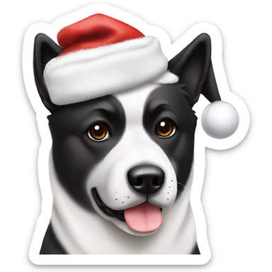 American akita white and black dog wearing a Christmas hat sticker