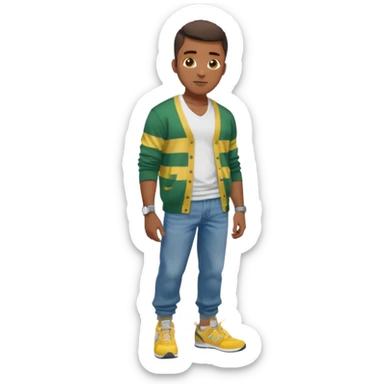 Handsome Black guy with brown skin tone, with lean muscular build, wearing baggy blue jeans, a white v-neck t-shirt, a yellow and green striped cardigan sweater, and grey new balance sneakers  sticker