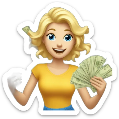 blonde girl with blue eyes rejoices and dances while holding money in her hands sticker