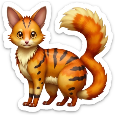 realistic  ember-rust copper fur molten with glowing magma seams and smoky tips beautiful elegant pretty precious cute  Fakémon-Pokémon-opossum-feline-serval-caracal-chinchilla-Furret-Minccino-hybrid-creature with a big fluffy bushy tail (full body) sticker