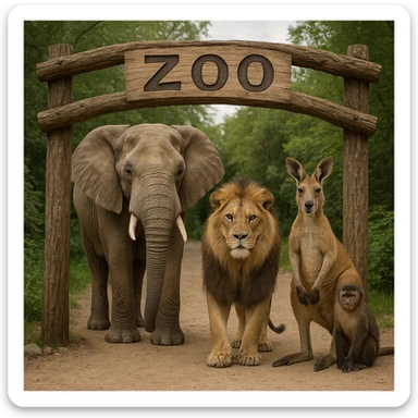 natural wooden archway labeled 'zoo', lifelike elephant, lion, kangaroo, and monkey standing at the entrance, avoid any AI or synthetic look sticker