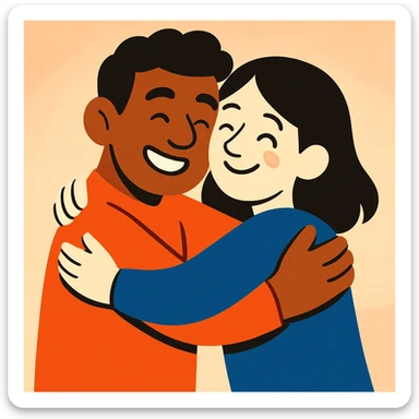 friendly illustration of a brown-skinned man and a white-skinned woman with black hair hugging, soft background sticker