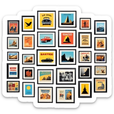 Icon for Photograph and Poster Collecting: a collection of photographs and movie posters, neatly displayed on a wall or in frames. The icon should evoke the nostalgia and artistic value of collecting rare images and posters. Transparent background. sticker