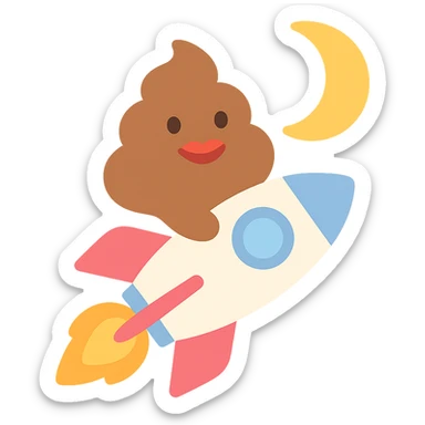 cartoon turd with lipstick sitting on a rocket flying toward the moon, colorful icon sticker