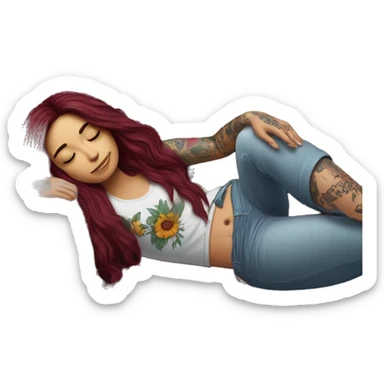 Beautiful tattooed burgundy long haired woman napping on sofa sticker