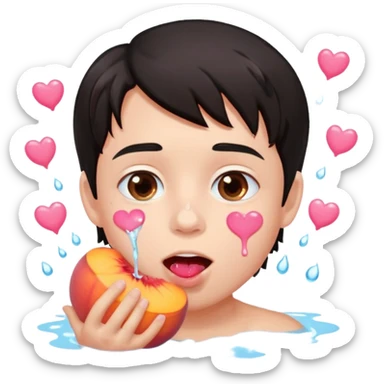 Cute boy, light pink eyes, grown out dark hair, eating a peach, pink hearts floating , water dripping from mouth sticker