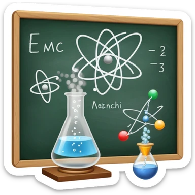 An icon featuring an atom model, a beaker with swirling particles, and a chalkboard with E=mc², symbolizing physics. The design includes a magnet, a pendulum, and a prism splitting light, representing the study of matter, energy, and natural laws. Transparent background sticker
