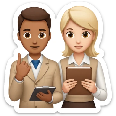 Two team members facing each other, one holding a notepad and the other gesturing, in a collaborative pose sticker