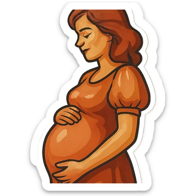 pregnant woman half-length portrait, standing sideways, holding belly, face and head fully in frame, retro stickers style, soft rounded shapes, expressive contours, vintage color palette, light paper texture, shadows and highlights, transparent background, dress with puff sleeves sticker