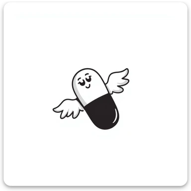 Medicine pill or capsule with small wings attached, flying through the air sticker