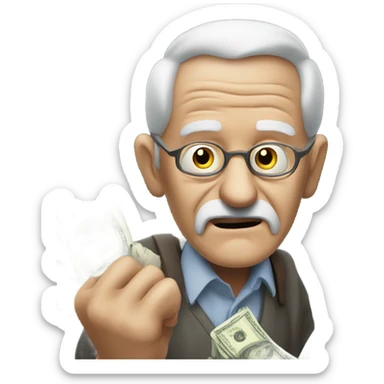 greedy old man seeing money in his both hands sticker