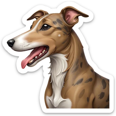 Cinematic Cute Yawning Brindle Greyhound Portrait Emoji, Head tilted slightly with a dramatic, wide-open yawn, showcasing a smooth brindle Fur with a refined pattern, floppy ears slightly drooping, round eyes barely open in drowsy contentment, Simplified yet irresistibly adorable features, highly detailed, glowing with a soft, cozy glow, high shine, relaxed yet expressive, stylized with a touch of whimsy, bright and endearing, soft glowing outline, capturing the essence of a sleepy yet affectionate racer, so drowsy it feels like it could stretch out of the screen and curl up for a nap! sticker