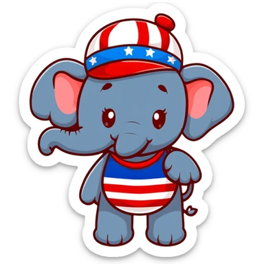 cute red elephant, simple flat design, round shape, patriotic top hat, cartoon sticker style sticker
