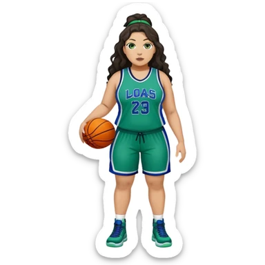 Full Body light skin Latino plus size full figured women basketball player with long wavy dark hair  wearing blue and green uniform sticker