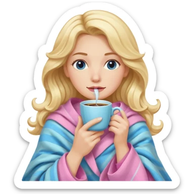 Long wavy blonde hair lady drinking coffe inside a blue and pink pastel blanket  sticker