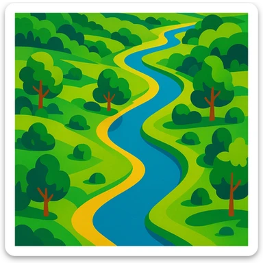 aerial view of a nature landscape with a winding river, lush greenery, and trees, vibrant illustration style sticker