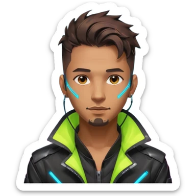 Cyberpunk street adult, hispanic, male, messy undercut, glowing earpiece, light stubble, brown eyes, neon reflections, headshot sticker