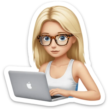 long blonde hair woman blue eyes with tortoise shell print glasses wearing white tank top on mac book  sticker